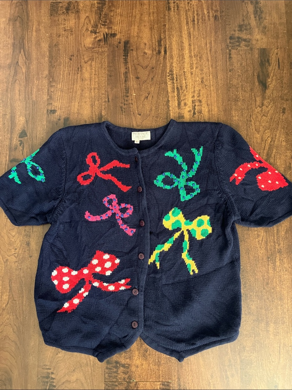 Vintage Heritage grandma Navy Cardigan with Multicolor Bow Motifs suze Large